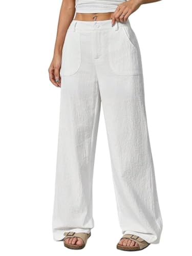 Image of GRECIILOOKS Beige Wide Leg Linen Trousers for Women | High Waist Cotton Baggy Korean Style Casual Pants | Comfortable Formal & Casual Women Trousers