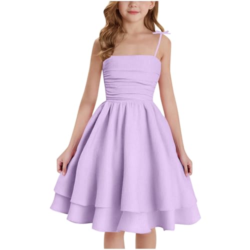 duxyoz Smocked Mini Dresses for Girls Fancy Dress for Kids Summer Solid Color Casual Sleeveles Sundress Party Birthday Occasion Dresses Beach Midi Dress 8-9 Years Purple
