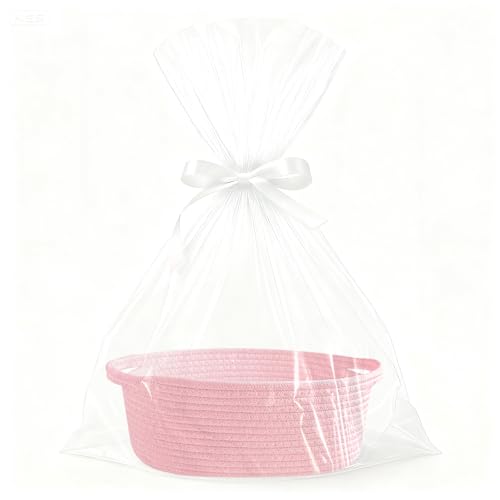 APOMOONS Cesta de presente vazia, cesta trançada para presentes com sacos de presente e fitas, vazia para Baby Shower, aniversário, casamento, armazenamento de corda de algodão trançada (rosa)