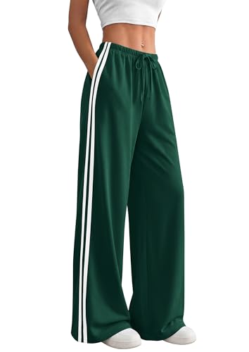 PRETTYGARDEN Womens Wide Leg Sweatpants Striped Drawstring Waist Casual Athletic Track Sports Pants Trousers Workout Clothes (Dark Green M)