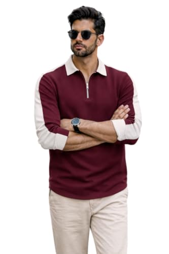 Image of Dagcros Mens Polo T-Shirt with White Contrast Collar | Short Sleeve Zipper Neck Casual Top | Smart Casual T-Shirt for Man
