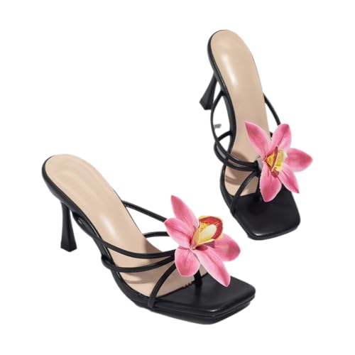 Elegant High-Heel Slide Sandals with Crisscross Straps & Pink Flower Decoration for Women - Stylish & Comfortable for Weddings Parties Formal Dinners