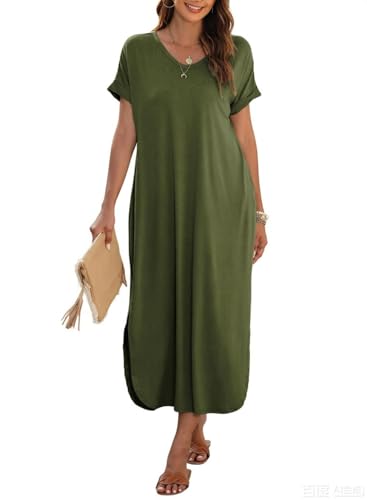 Image of Dokotoo Womens Casual Maxi Dress Summer Dresses Swimsuit Coverups for Women Long T Shirt Dresses Short Sleeve Vneck Sundress Plus Size Jungle Green Dress XL