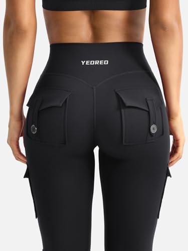 YEOREO CoreFlex Women Workout Flare Leggings with Pockets Hidden Scrunch High Waisted Cargo Gym Yoga Leggings Black M - Thumbnail 3
