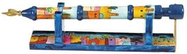 Yair Emanuel Hand Painted Wooden Yad - Torah Pointer With Stand Jerusalem Design (TP-1)