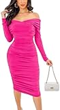 Women's Sexy Elegant Ruched Bodycon Dress Long Sleeve Fall Off Shoulder Ruffle Fitted Club Party Midi Dresses Rose Red(66Rose Red,X-Large)