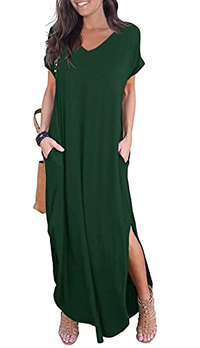 GRECERELLE Damen Sommer Maxi Casual Langes Kleid Lose Kurzarm Blumendruck Maxikleid mit Tasche, 06 Dunkelgrün, X-Large Cover
