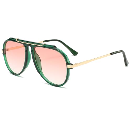 Image of Long Keeper Oversized Pilot Sunglasses - Women Men Retro 70s Gold Square Sunglasses Vintage Flat Top Driving Glasses Sunnies UV400 Protection (Green Gradient Pink)