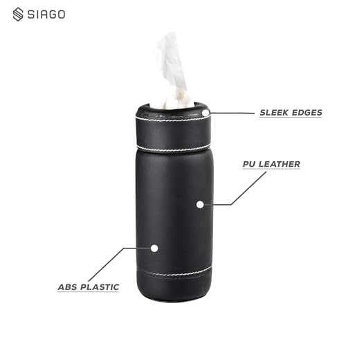 Image of SIAGO SIA135 PU Leather Car Tissue Paper Holder - Cylinder Design, Fits Cup Holder, Ideal for Car, Van, Home & Office (Black)