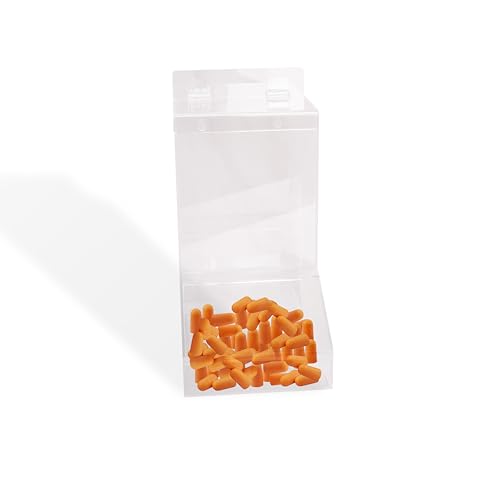 KROYBE Earplug Dispenser - Wall-Mount or Stand Acrylic Bulk Storage Holder with Lid for Finger Cots, Accessories, Toys, Condiments, Candy, Laundry Pods - Complete with Description Stickers