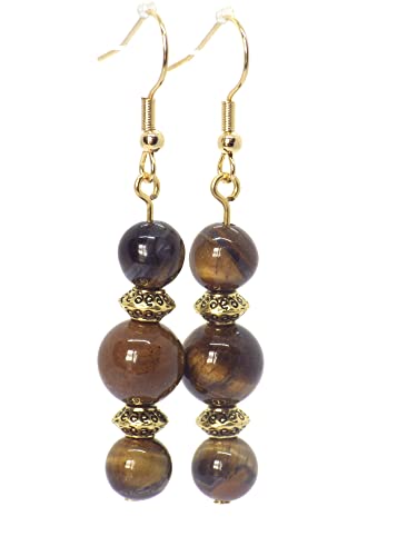 Boucles d'oreilles pendantes femme en pierres naturelles avec apprêts en laiton doré style bohème chic (Marron)