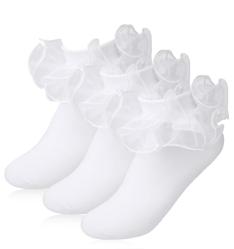 Girls White Ruffle Socks, 3 Pairs White Socks with Ruffles, Lace & Double Frilly Design, Comfortable Big Ruffle Sock for Girls Aged 10-12 (Fit 6.69-8.66 in Foot Length)