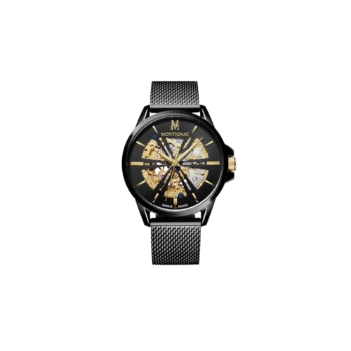 Montignac – Montre Automatique Homme Noir – Cadran Squelette Mouvement Apparent – Bracelet Maille Milanaise 42 mm – Acier Inoxydable – Style...