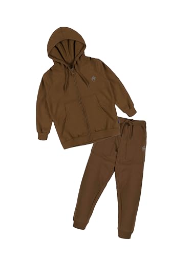 Image of Boys Solid Fleece Full Sleeve Zip Front Open Hooded Sweatshirt With Track Pant Set