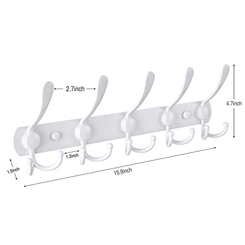 Oyydecor Wall Mounted Coat Rack, 5 Tri Hooks Heavy Duty Stainless Steel Coat Hook Rail for Coat Hat Towel Purse Robes (White) - Thumbnail 2