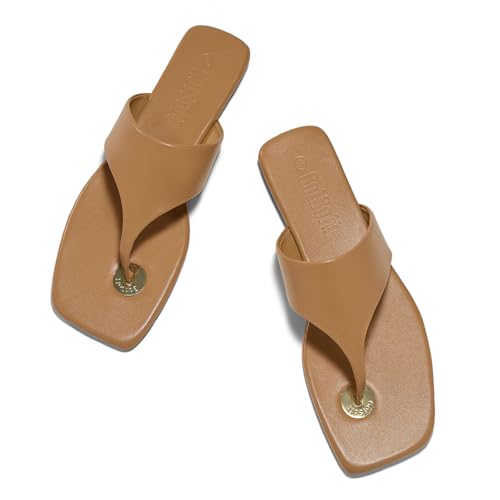 GotSoft Women's Flat Sandals Summer Beach Open Square Toe Flip Flops Comfortable Flats Slip on Dress Shoes, Khaki, size 8