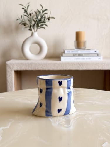 Image of Handmade Blue Heart Print Ceramic Pouch Mug - Aesthetic Blue Striped Pottery Coffee Cup for Tea, Coffee, Milk & Espresso | Cute Designer Handmade Mug for Women, Girls, Home & Cafe Use