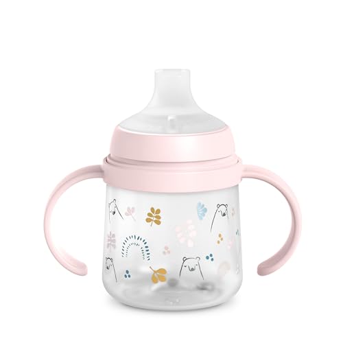 Suavinex, Vaso Aprendizaje Bebé con Boquilla de Silicona y Asas, Biberón con Asas, con Sistema Anticólico, Tapa Protectora, Vaso Antiderrame, 150 ml, para Bébés +6 Meses, Apto Lavavajillas, Bears Rosa