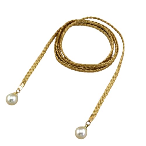 ikasus Women's Waist Belt, Braided Woven Tassels Chain Belt PU Leather Rope Belt with Pearl, Boho Fringe Belt for Dress, Gold