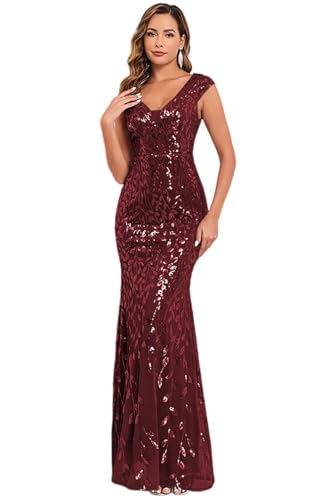 Miao Duo Sequin Tulle Mermaid Evening Dress Long for Women Sleeveless V Neck Formal Dresses for Party YZTS257