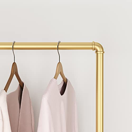 Industrial Gold Clothing Racks on Wheels, Boutique Display Gold Clothes Rack with Shelf, Rolling Garment Rack for Retail Use