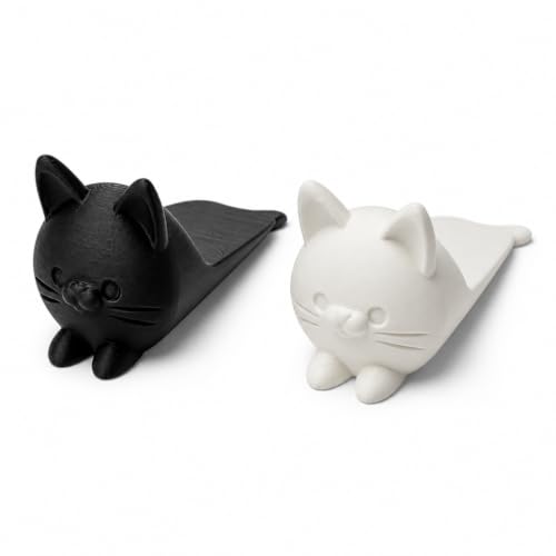 Cat-Shaped Door Stopper Wedge Set of 2, 3D Printed Durable Plastic, Black and White