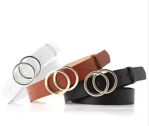 Women’s Faux Leather Belt with Dual Circle Buckle Adjustable Waist Design for Dresses Jeans Skirts Outfits Black-image-16