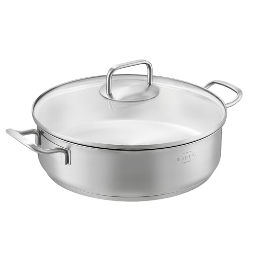 SILBERTHAL Cacerola baja 28 cm - Inducción gas y horno - Rustidera acero inoxidable sin PFOA - Cazuela con tapa de cristal
