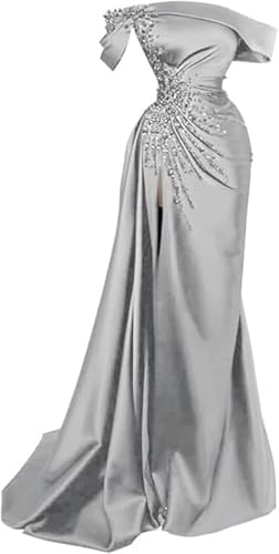 Satin Off The Shoulder Prom Dresses Beaded Mermaid Formal Evening Gown Pleated Sleeves Party Dress with Slit