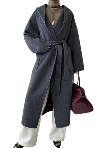 chouyatou Women's Winter Open Front Belted Wool Coat Casual Loose Hooded Midi Long Winter Pea Coat