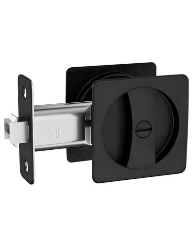 Lethato Pocket Door Hardware Black Pocket Door Lock Pocket Door Latch Matte Black Contemporary Sliding Pocket Door with Privacy Lock for Bathroom & Bedroom (1 Pack Square Rounded-Corner)