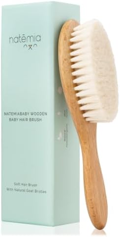 Natemia Wooden Baby Hair Brush - Natural Goat Hair Bristles - Gentle Soft Bristles for Scalp Massage - Cradle Cap Comb for Flake Removal - For Baby Grooming Kit & Toddler Hair Brush