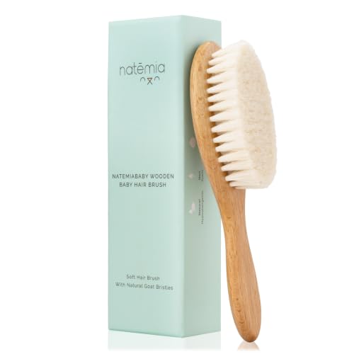 Image of Natemia Wooden Baby Hair Brush - Natural Goat Hair Bristles - Gentle Soft Bristles for Scalp Massage - Cradle Cap Comb for Flake Removal - For Baby Grooming Kit & Toddler Hair Brush
