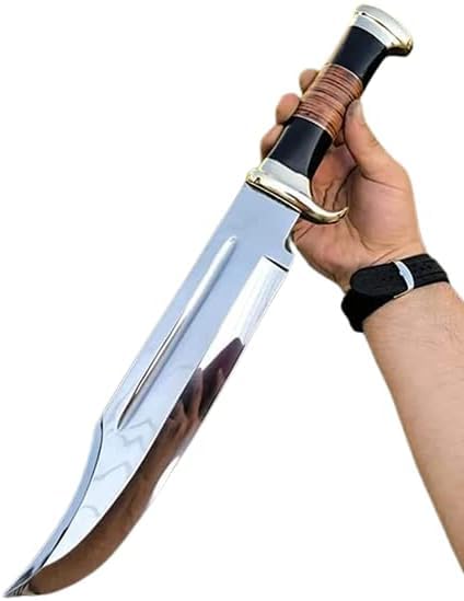 Crocodile Dundee 15 Inch Large Handmade Bowie Knife with Leather Sheath - Mirror Polished D2 Stainless Steel - Razor Sharp Custom Knife for Men, Women, Outdoor, Hunting