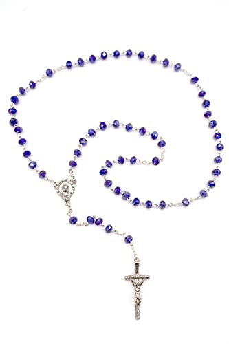 HOLY FAMILY Chapelet effet cristal bleu avec croix avec l'image de la Vierge et croix / grains 6 mm / collier chapelet religieux / produit italien Cover