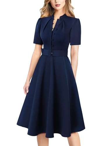 Image of VFSHOW Womens 2024 Business Work Office Pockets Belted Buttons Elegant Fit and Flare A-Line Dress