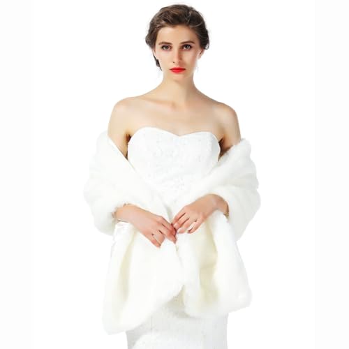 Ursumy Women's Wedding Faux Fur Wraps Bridal Shawl Fur Stole Fur Scarf with Rhinestones Brooch for Bride and Bridesmaids