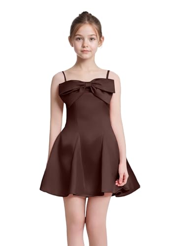 Satin Flower Girl Dress with Bow-Knot Spaghetti Strarp Short Party Dresses Sleeveless Homecoming Graduation Dress