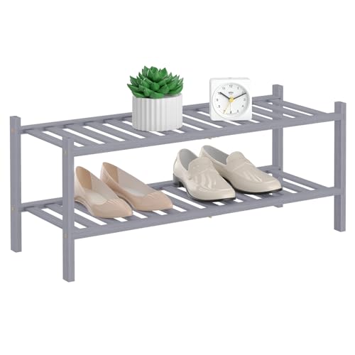 RONGJlA 2 Tier Bamboo Shoe Rack for Closet Free Standing Wood Shoe Shelf Storage Organizer for...