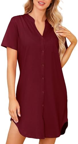 Lovasy Nachthemden für Damen Kurzarm Sommer mit Taschen | Still Schlafshirt Damen mit Vollständiger Knopfleiste Lockeres Baumwoll‑Mischung Schlafkleid Umstands Geburtshemd