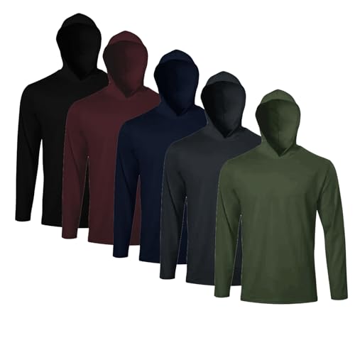 Mens Long Sleeve T Shirts 5 Pack Fishing Work Athletic Sun Protection Tees with Hoodies