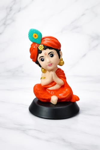 Image of Krishan Ji Sitting Open Eyes Dashboard Idol, Orange | Premium Resin, Hindu God Murti, Double-Sided Tape Base, Car & Home Temple Decor