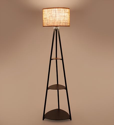 Image of AKWAY Bamboo Tripod Floor Lamp for Living Room Cane Floor Lamp for Home Rattan for Living Room Standing Lamp Wooden Floor Standing lamp for Bedroom (Bulb Not Included) (Tripod Shelf Jute 12 inchx8 inch)