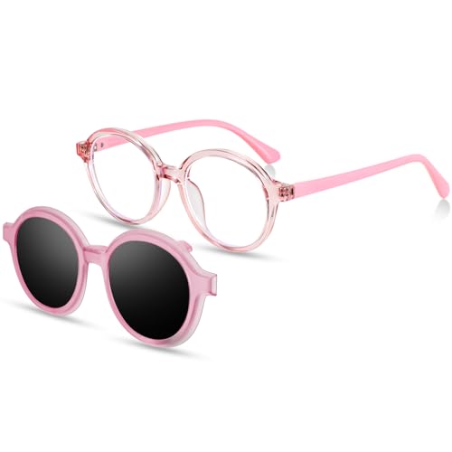 Beipegin Gafas Luz Azul para Niños con Clip Gafas de Sol Polarizadas, Forma Redonda Gafas Lectura para Ordenador Gafas para Exteriores para Niños Niñas
