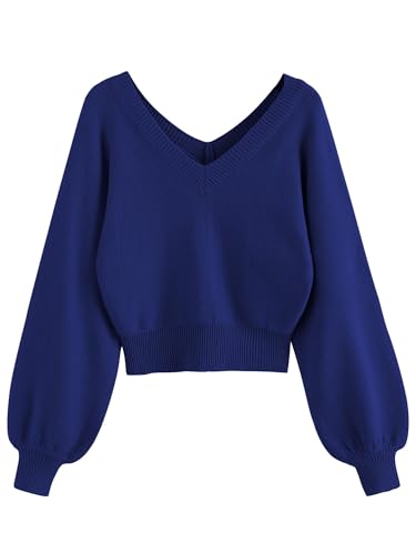 Image of ZAFUL Women's Cropped Sweater V-Neck Long Sleeve Pullover Jumper Knit Top | Crop Length, Ribbed Knit, Double V design, White sweater, Raglan sleeves, lantern sleeve, Fall & Winter, Loose fit, Oversized