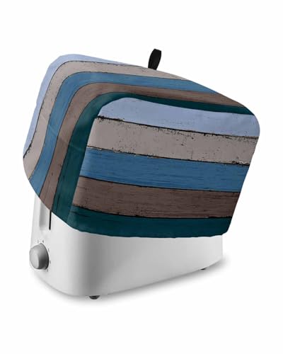 Blue Wooden Toaster Cover 2 Slice, Grey Stripe Gradient Country Rustic Grain Dustproof Bread Machine Oven Cover with Storage Pockets, Fits Most Kitchen Toasters Protector
