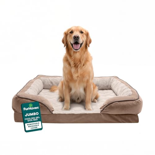 FurHaven Cooling Gel Dog Bed for Large Dogs, Perfect Comfort Sofa Bed, Cool Gel-Top Foam & Solid Orthopedic Foam Base for Joint Support, Removable Washable Cover, Jumbo/XL, Plush & Velvet, Brownstone