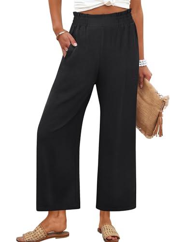 ANRABESS Womens Wide Leg Palazzo Pants Summer Beach High Waisted Cropped Flowy Pants 2026 Dressy Casual Trousers with Pockets Black Large