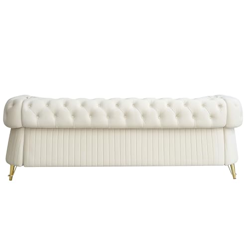 Image of KEIKI 89 inch Chesterfield Velvet Button Tufted Sofa with High Density Foam Cushions and 2 Toss Pillows, Modern Style 3-Seater Couch with 4 Gold Metal Leg, Easy Assembly, for Living Room, Apartment, Beige