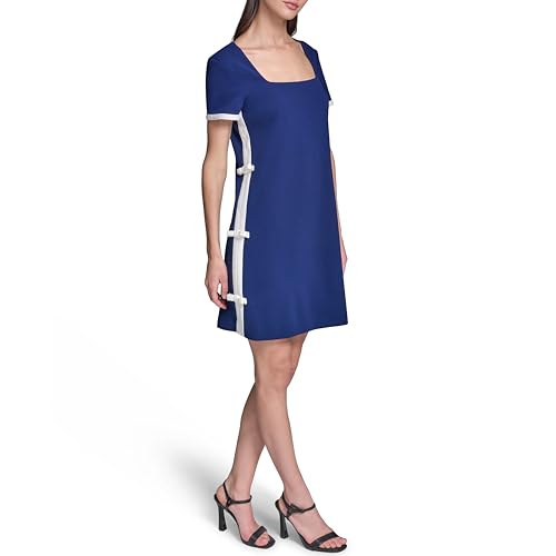 Image of Karl Lagerfeld Women's Short Sleeve Square Neck Bow Embellished Shift Mini Dress